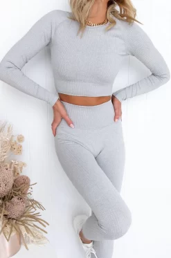Aim'n Light Grey Melange Ribbed Crop Long Sleeve